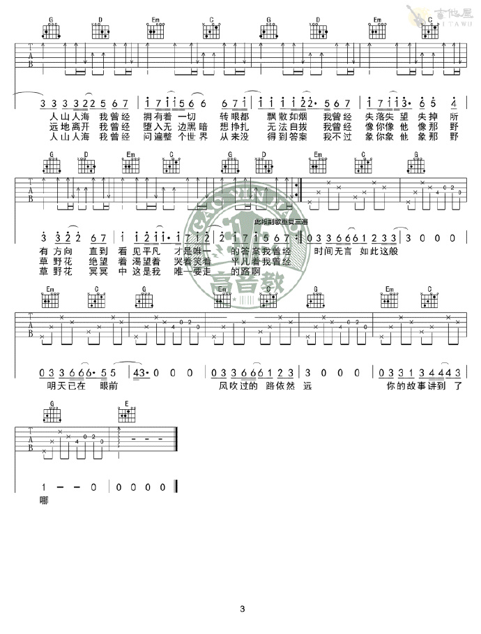 朴树-平凡之路吉他谱3-降A调指法
