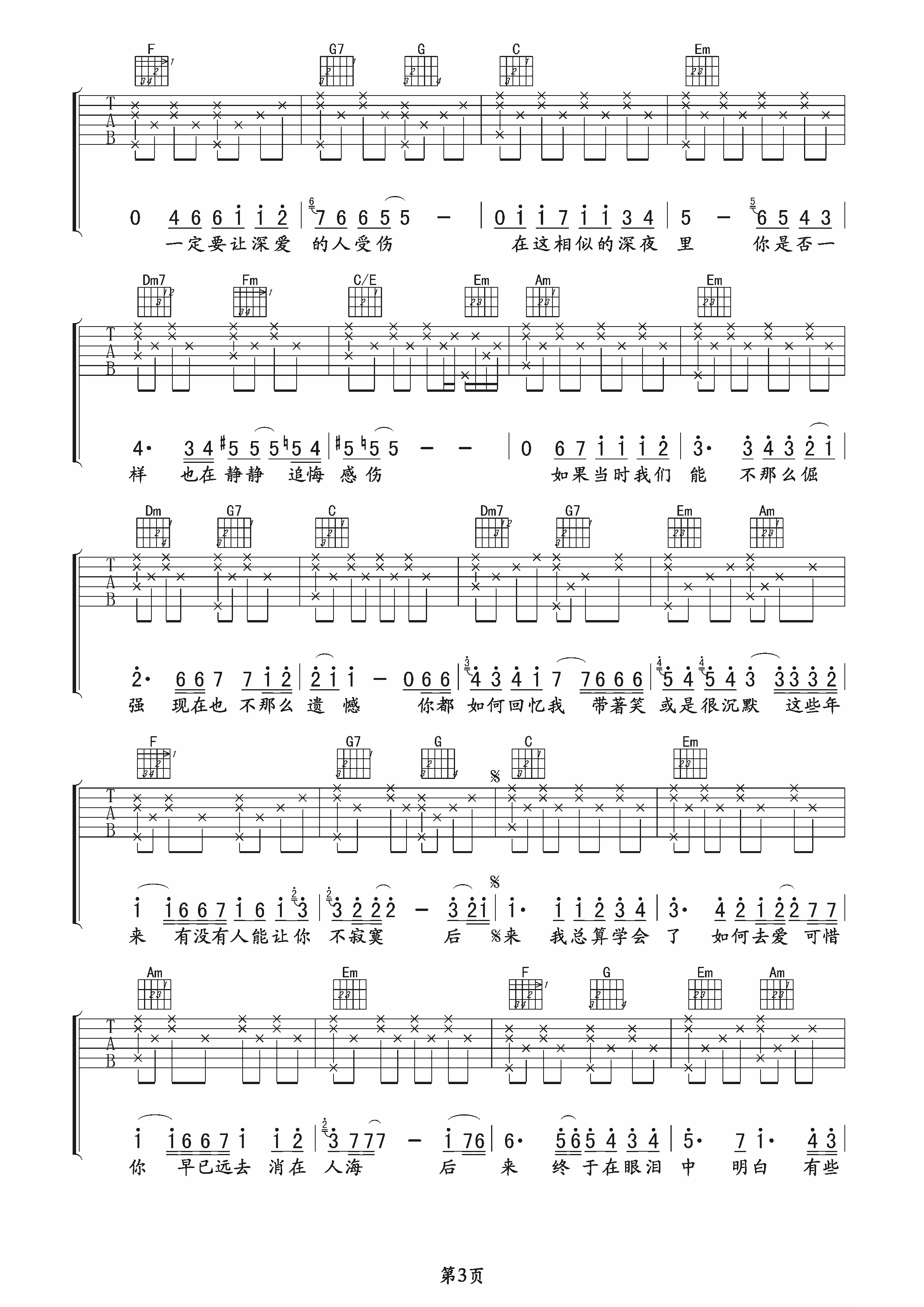 刘若英-后来吉他谱3-C调指法